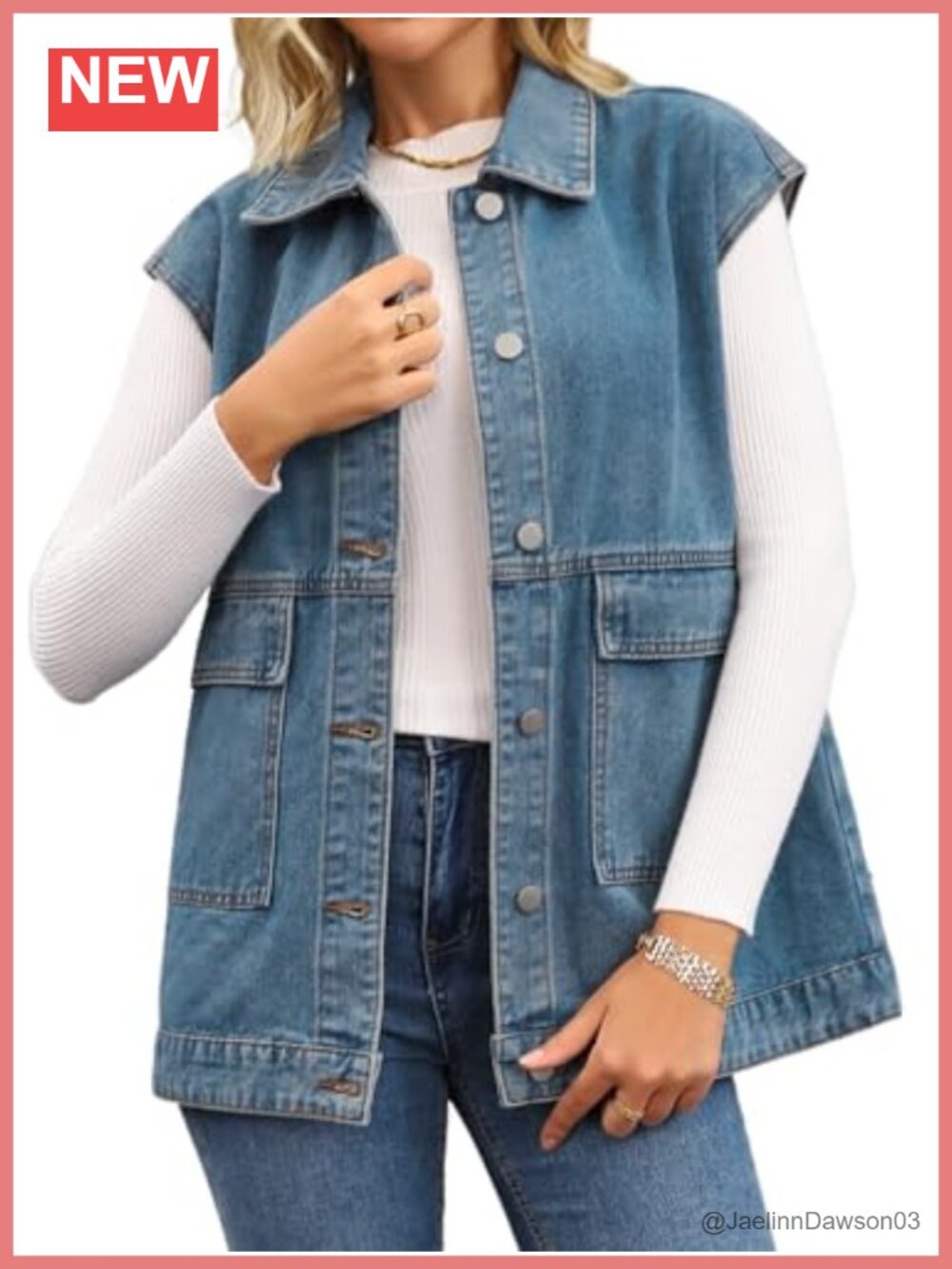Oversized Long Denim Vest Button Down Sleeveless Utility Jean Jacket